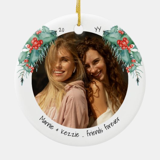 Twee foto's geluk is U Friend Holly en Pine Keramisch Ornament (Achterkant)