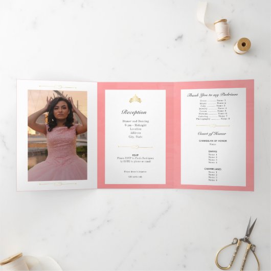 Twee foto's goud en Roos roze Quinceanera Drieluik Uitnodiging (Binnen)