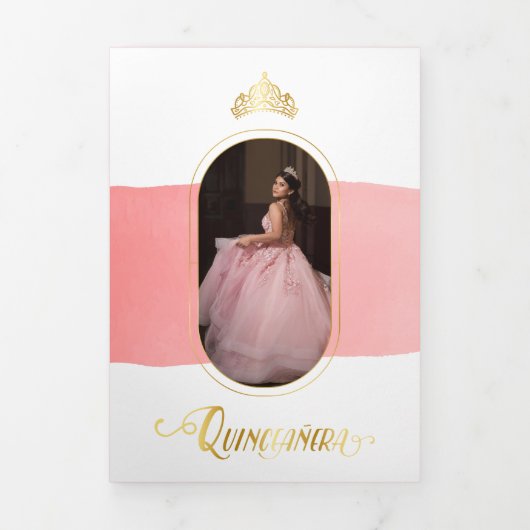 Twee foto's goud en Roos roze Quinceanera Drieluik Uitnodiging (Cover)