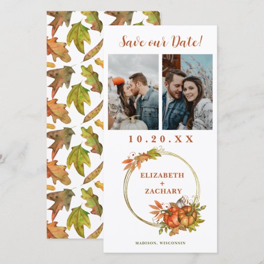 Twee foto's herfst Pumpkins Fall Wedding Save The Date (Voorkant / Achterkant)