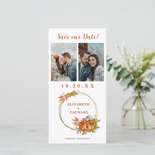 Twee foto's herfst Pumpkins Fall Wedding Save The Date (Staand voorkant)