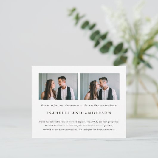 Twee foto's huwelijksuitstel aankondigingskaart (Staand voorkant)