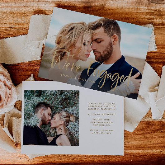 Twee foto's met Faux Gold Script | Engagement Part Kaart