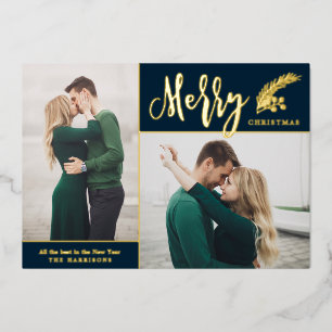 Twee foto's met kerst van Elegant Merry Navy Blu Folie Feestdagenkaart