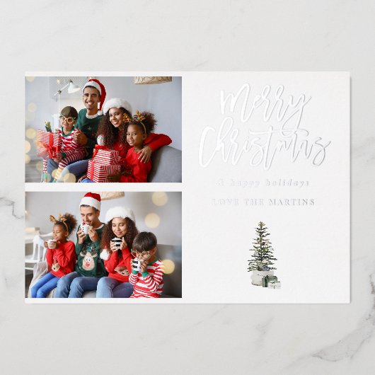 Twee foto's met kerstboomvariëteiten folie uitnodiging (Voorkant)