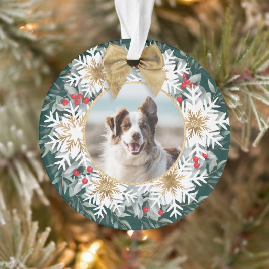 Twee foto's met kerstfeest Festive Snowflake Green Ornament (Boom)