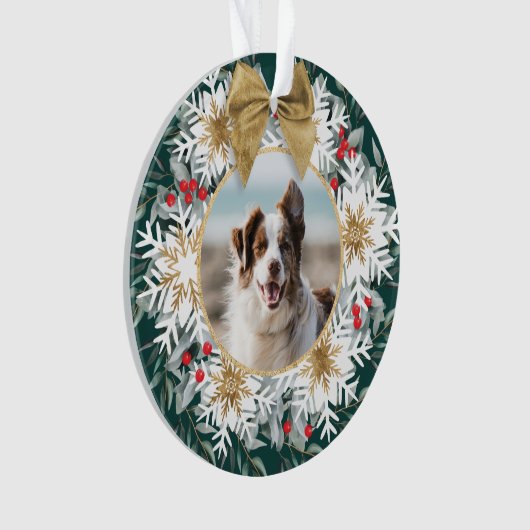 Twee foto's met kerstfeest Festive Snowflake Green Ornament (voorkant)