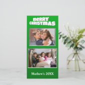 Twee foto's met kerstgroen, bericht achter serie feestdagenkaart (Staand voorkant)