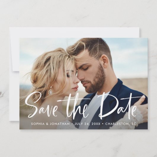 Twee foto's met modern schrift save the date (Voorkant)