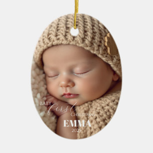 Twee foto's Minimalistische Baby Eerste Kerstmis Keramisch Ornament