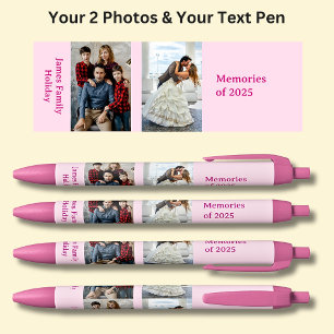 Twee foto's, Naam Datum, jouw tekst op Roze Zwarte Inkt Pen