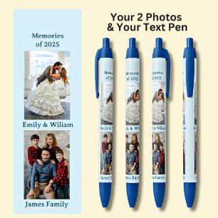 TWEE foto's, Naam Datum, uw Blauwe Tekst, op Blauw Zwarte Inkt Pen