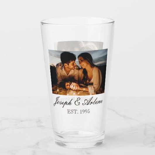 Twee foto's, namen, datum en tekst | 16oz pint gla glas (Voorkant)