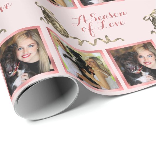 Twee foto's op persoonlijke roze kerst cadeaupapier (Rol Hoek)