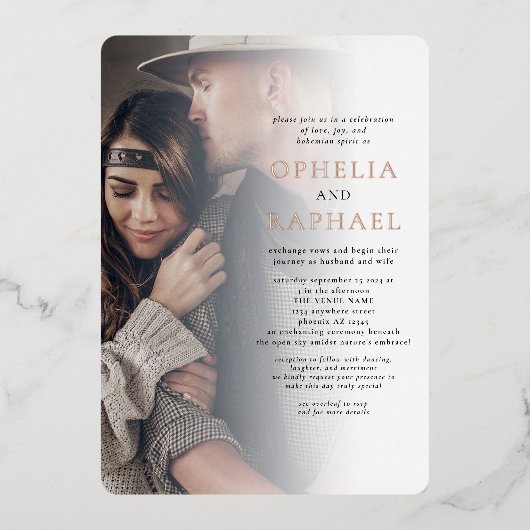 Twee foto's Overlay QR Code Bohemian Wedding Real Folie Uitnodiging (Voorkant)