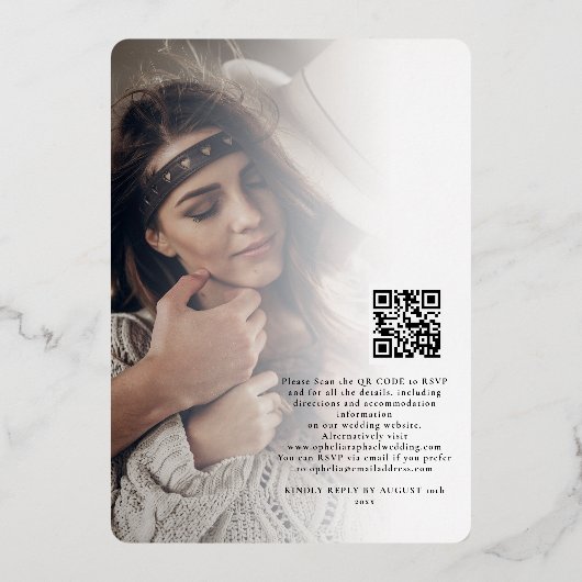 Twee foto's Overlay QR Code Bohemian Wedding Real Folie Uitnodiging (Achterkant)