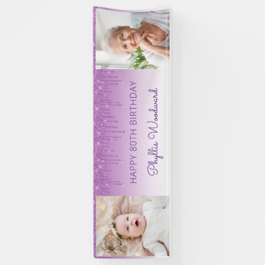 Twee foto's Paars uitstrijken Glitter 80th Birthda Spandoek (Verticaal)