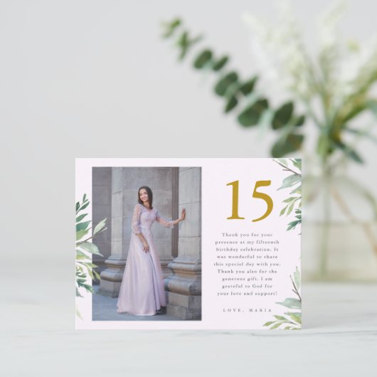 Twee Foto's Quinceanera Roze Bedankt Groenery Briefkaart (Staand voorkant)