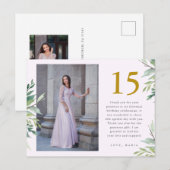 Twee Foto's Quinceanera Roze Bedankt Groenery Briefkaart (Voorkant / Achterkant)