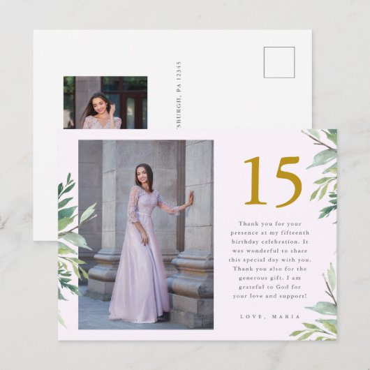 Twee Foto's Quinceanera Roze Bedankt Groenery Briefkaart (Voorkant / Achterkant)