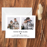 Twee foto's tekst en hart | Save the date Briefkaart<br><div class="desc">Deze eenvoudige en stijlvolle zwart-wit bruiloft save the date briefkaart is voorzien van klassieke, elegante zwarte tekst met een bijpassend hart en een plek voor uw namen en huwelijksdetails. Er is ook ruimte om twee van je favoriete persoonlijke foto's af te shows voor een moderne manier om je vrienden en...</div>