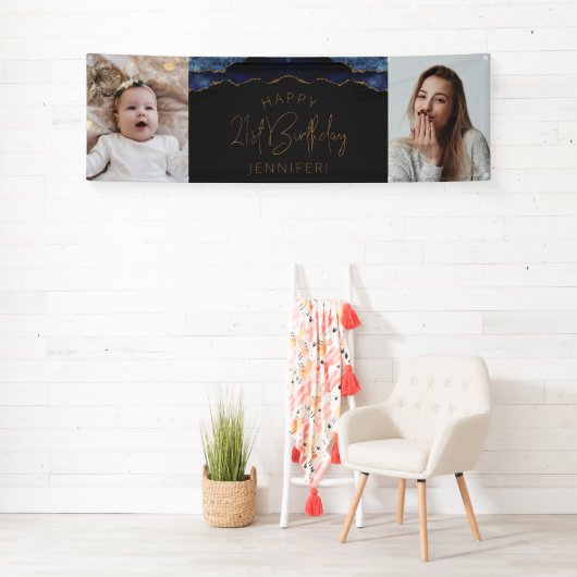 Twee foto's van Navy Blue Gold Agate 21ste verjaar Spandoek (Insitu)