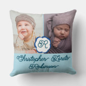 Twee foto's & volledige naam & Monogram Baby Thuis Kussen (Achterkant)