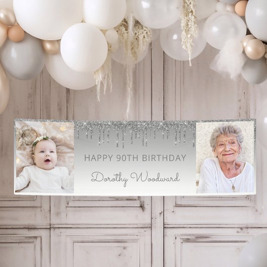 Twee foto's Zilverdrifder Glitter 90th Birthday Spandoek