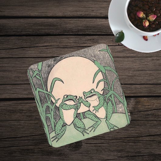 Twee  Funny Love Green Frogs Moon Kartonnen Onderzetters