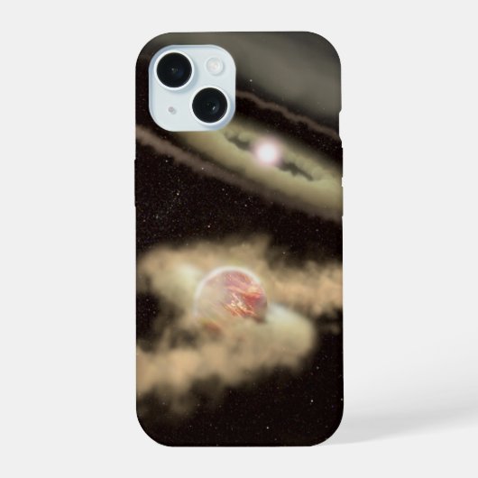 Twee gasreus-exoplaneten die om een jonge ster dra iPhone 15 case (Achterkant)