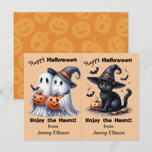 Twee geesten en zwart kat feest Halloween kaart
