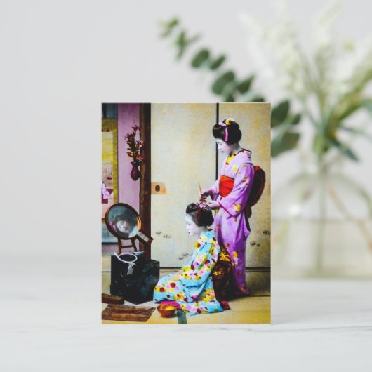 Twee Geisha Doing Hair  Oude Japanners Briefkaart (Staand voorkant)