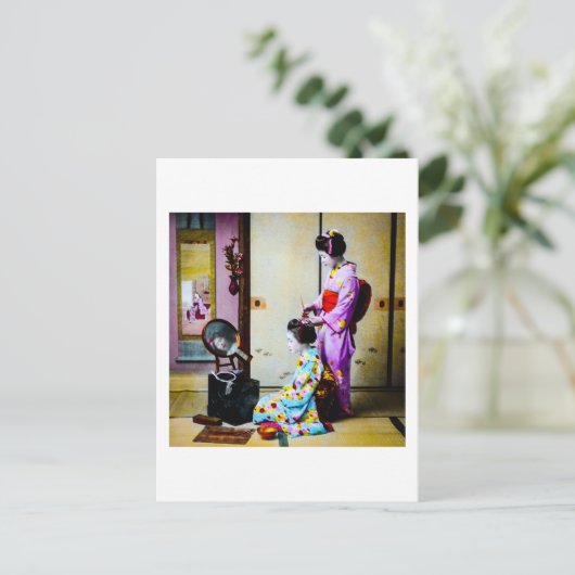 Twee Geisha Doing Hair  Oude Japanners Briefkaart (Staand voorkant)
