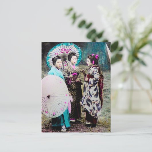 Twee Geisha en een Maiko en Parasols Old Japan Briefkaart (Staand voorkant)