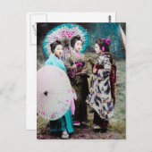 Twee Geisha en een Maiko en Parasols Old Japan Briefkaart (Voorkant / Achterkant)