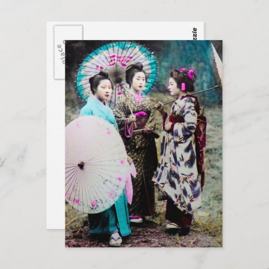 Twee Geisha en een Maiko en Parasols Old Japan Briefkaart (Voorkant / Achterkant)