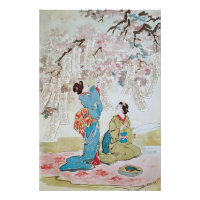 Twee geisha onder een bloeiende kersenboom