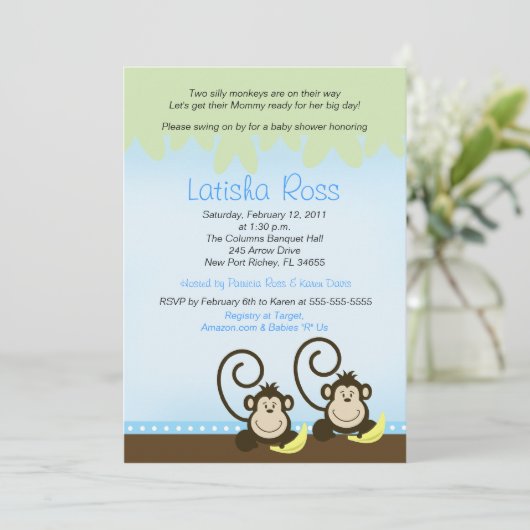 Twee Gekke apen met twee pennen Baby shower 5x7 Kaart (Staand voorkant)