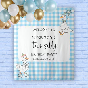 Twee Gekke Goose Blue 2e verjaardag Welkom Achterg Wandkleed