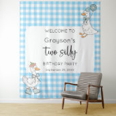 Twee Gekke Goose Blue 2e verjaardag Welkom Achterg Wandkleed (In situ)