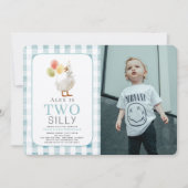 Twee Gekke Goose Blue Gingham Boy 2e verjaardag Kaart (Voorkant)