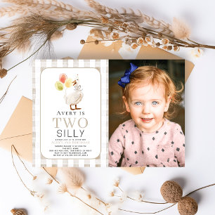 Twee Gekke Goose Greige Gingham 2e Verjaardag Kaart