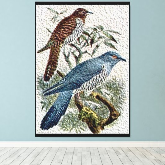 Twee gekleurde Cuckoo-vogels in getextureerde canv Canvas Afdruk (Insitu (Houten vloer))