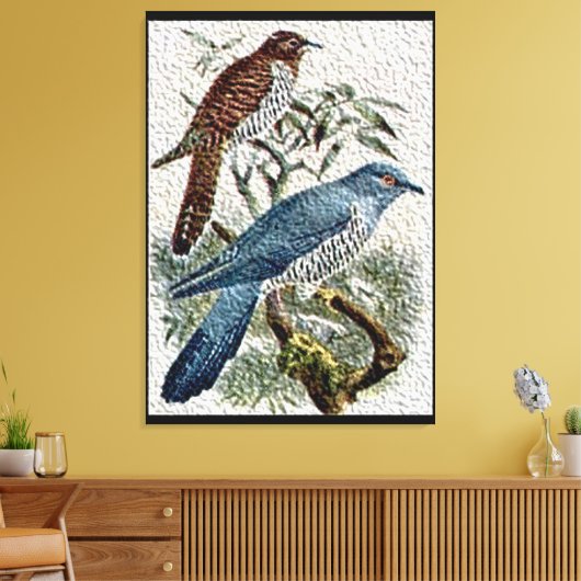 Twee gekleurde Cuckoo-vogels in getextureerde canv Canvas Afdruk (Insitu (Woonkamer))