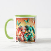 Twee gekleurde konijnen in pluche met vlinders. mok (Links)