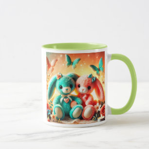 Twee gekleurde konijnen in pluche met vlinders. mok