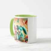 Twee gekleurde konijnen in pluche met vlinders. mok (Voorkant links)