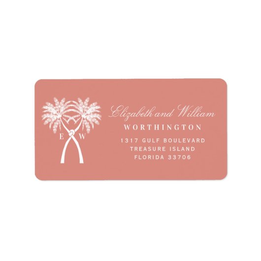 Twee geknoteerde palm Trees Tropical Wedding Addre Etiket (Voorkant)
