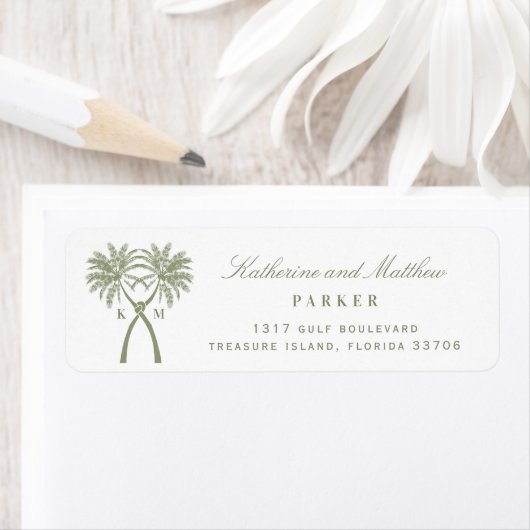 Twee geknoteerde palm Trees Tropical Wedding Addre Etiket (Insitu)