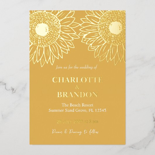 Twee Gele Gouden Zonnebloemen Bruiloft Folie Uitnodiging (Voorkant)